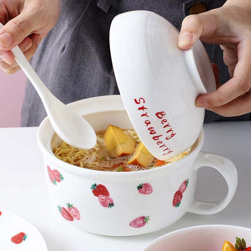Kawaii Strawberry Ceramic Ramen Bowl with Lid