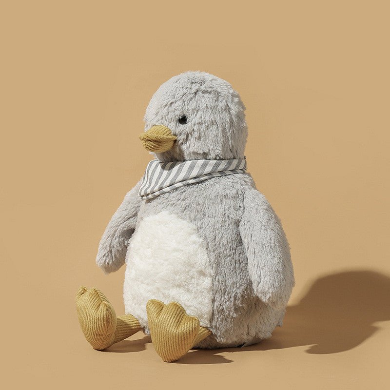 DapperDucky Plush – Stylish Kawaii Duck with Fluffy Fur Coat & Grey Scarf