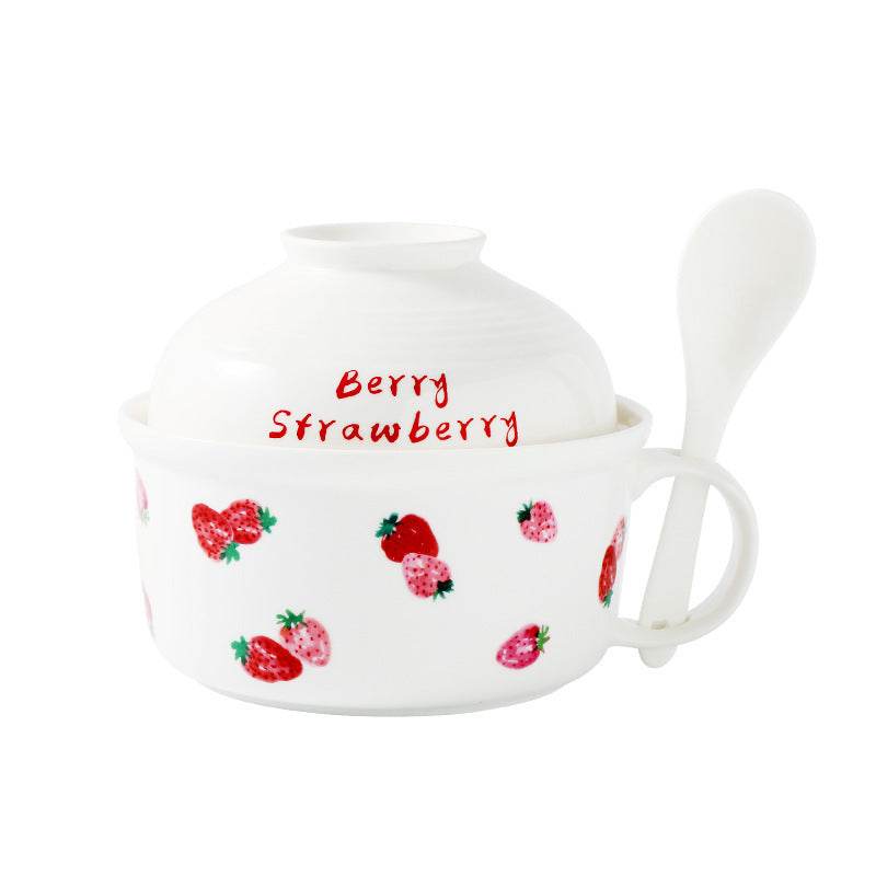 Kawaii Strawberry Ceramic Ramen Bowl with Lid