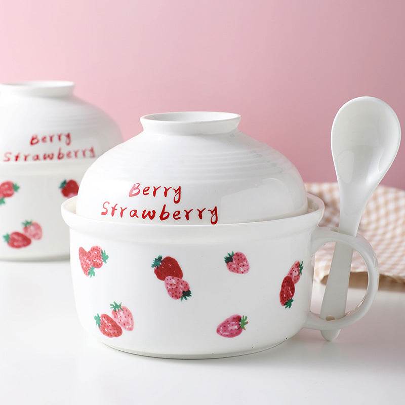 Kawaii Strawberry Ceramic Ramen Bowl with Lid